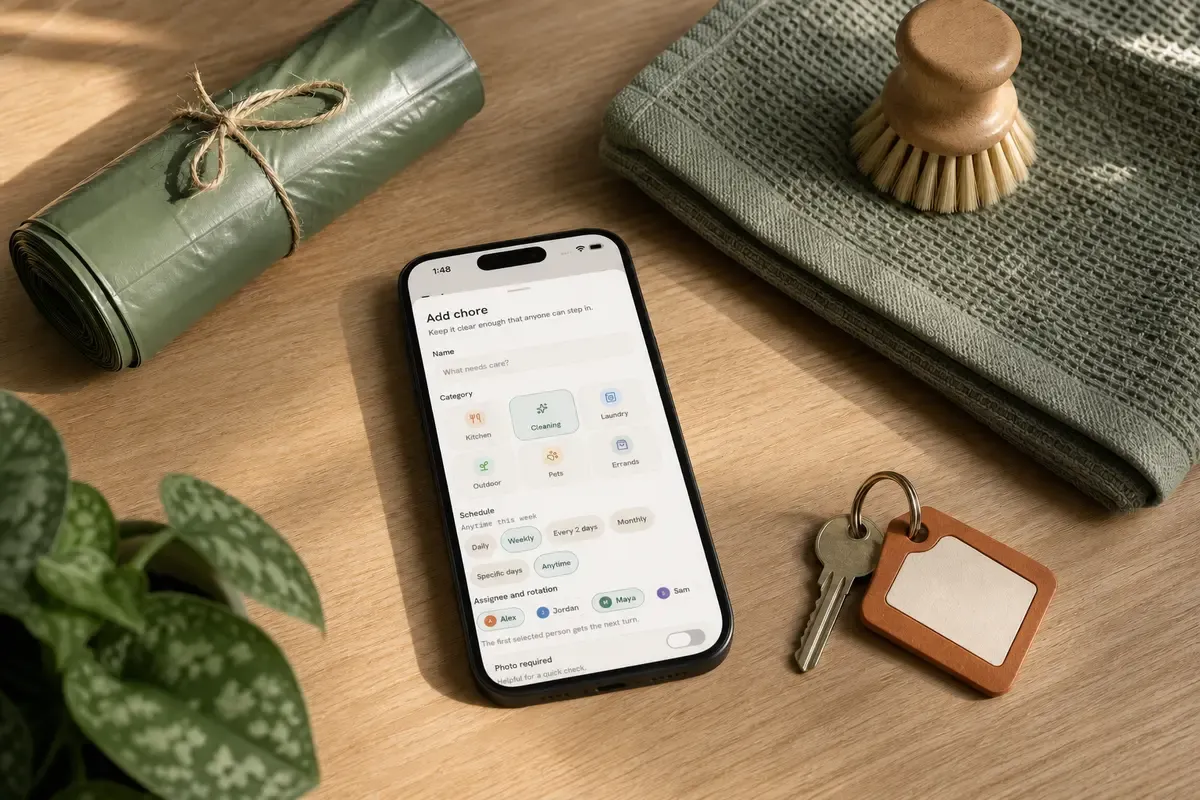 A phone showing fixed, flexible, and one-time chore schedules beside household supplies