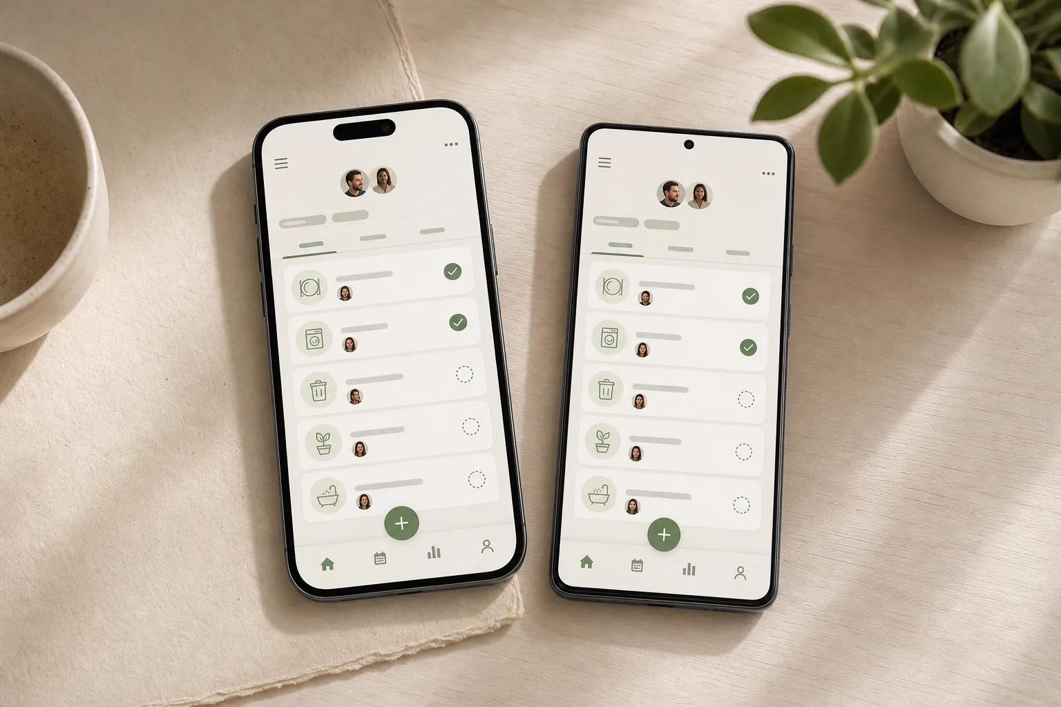 Two different phones showing the same shared household chore list