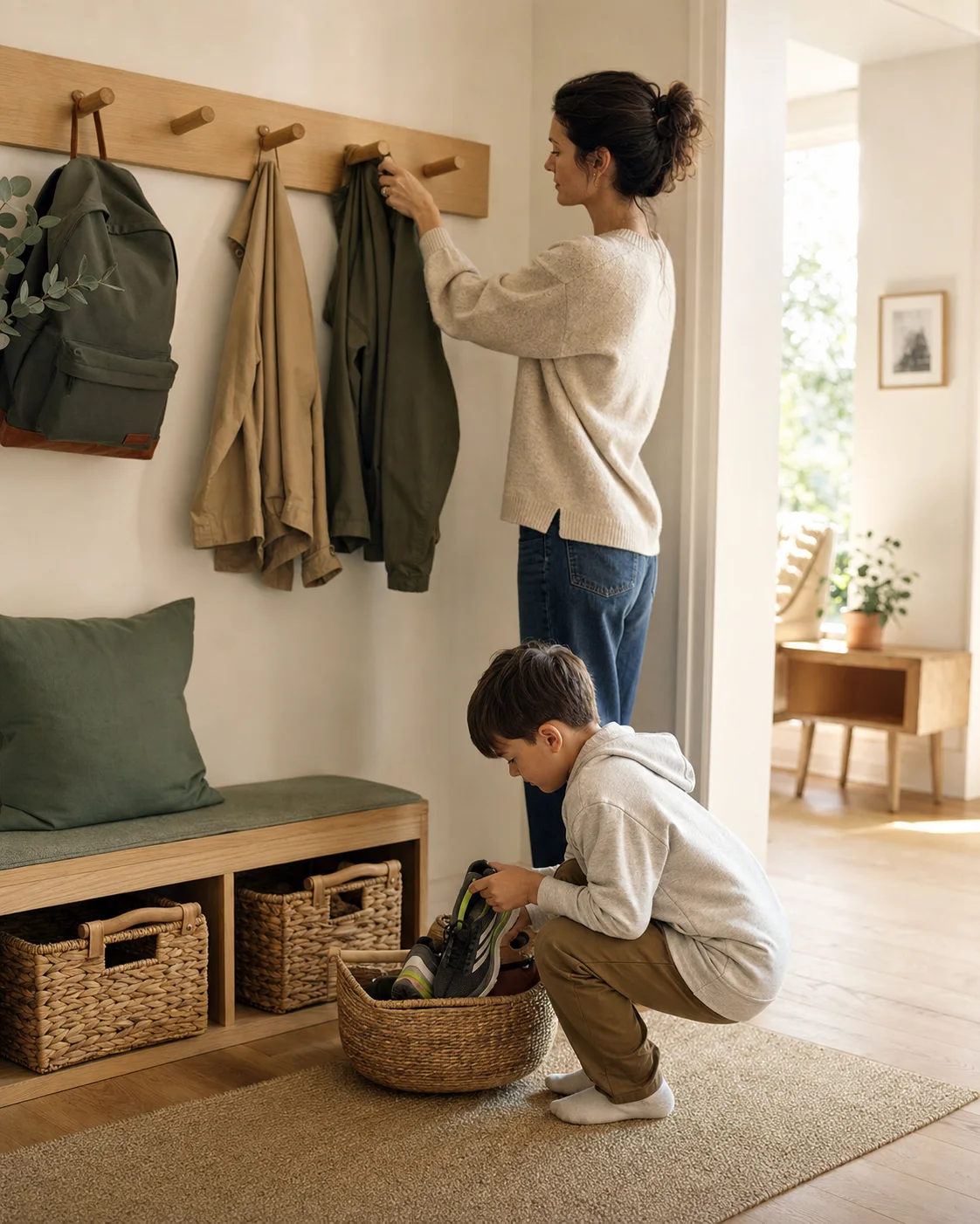A parent and child putting away coats and sports gear together