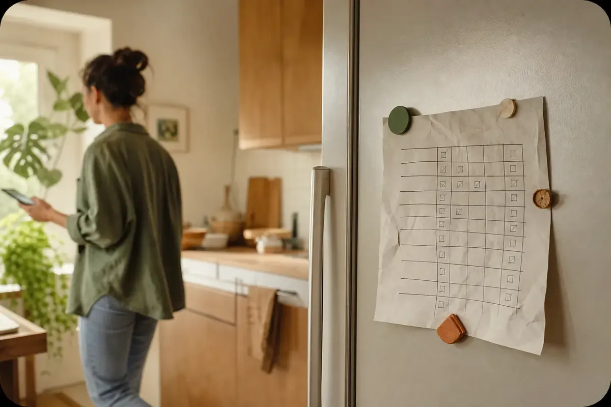 An ignored paper chore chart on a refrigerator while a housemate checks their phone