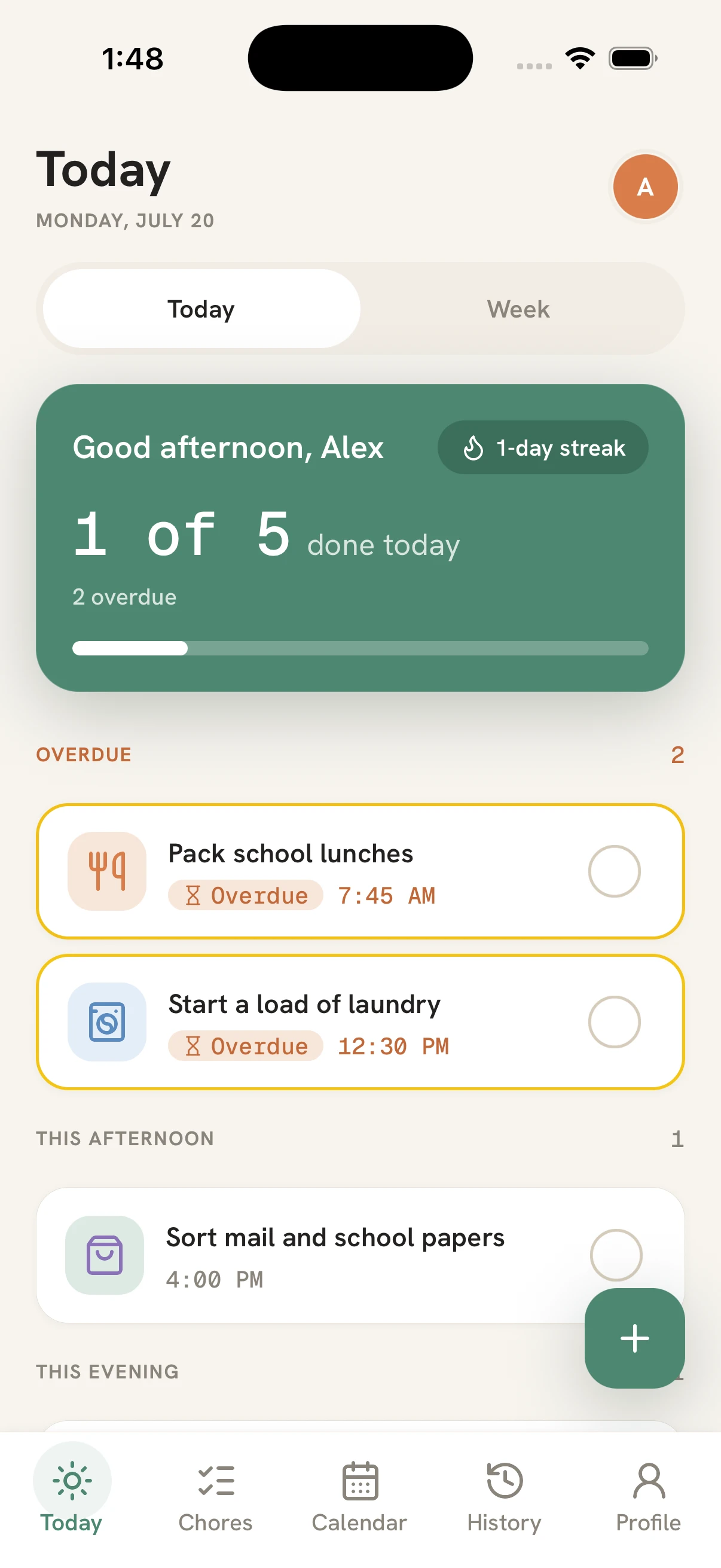 Roost Today screen showing daily chore progress and upcoming tasks