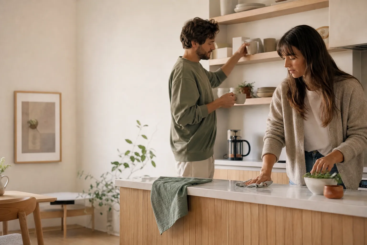 Two people sharing a kitchen reset in a warm, sunlit home