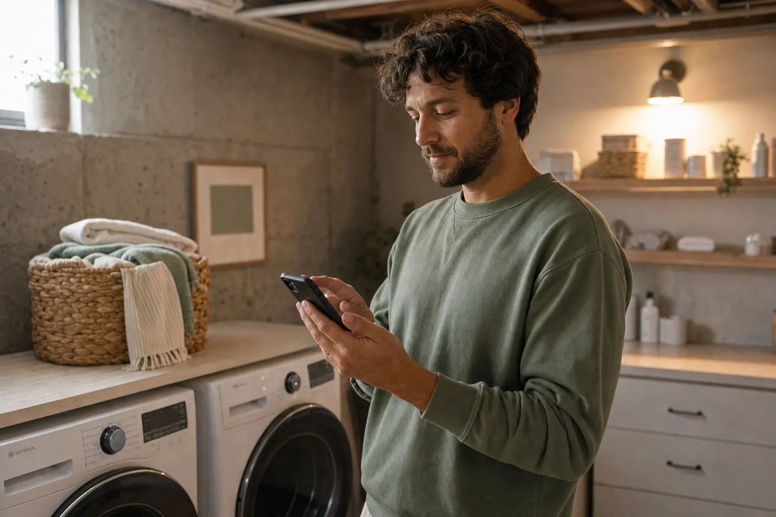 A person completing a laundry chore on their phone in a basement with poor service