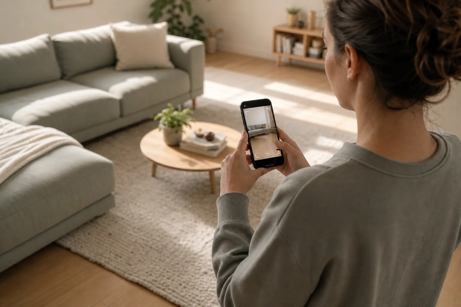 A person photographing a freshly cleaned living room as optional chore proof