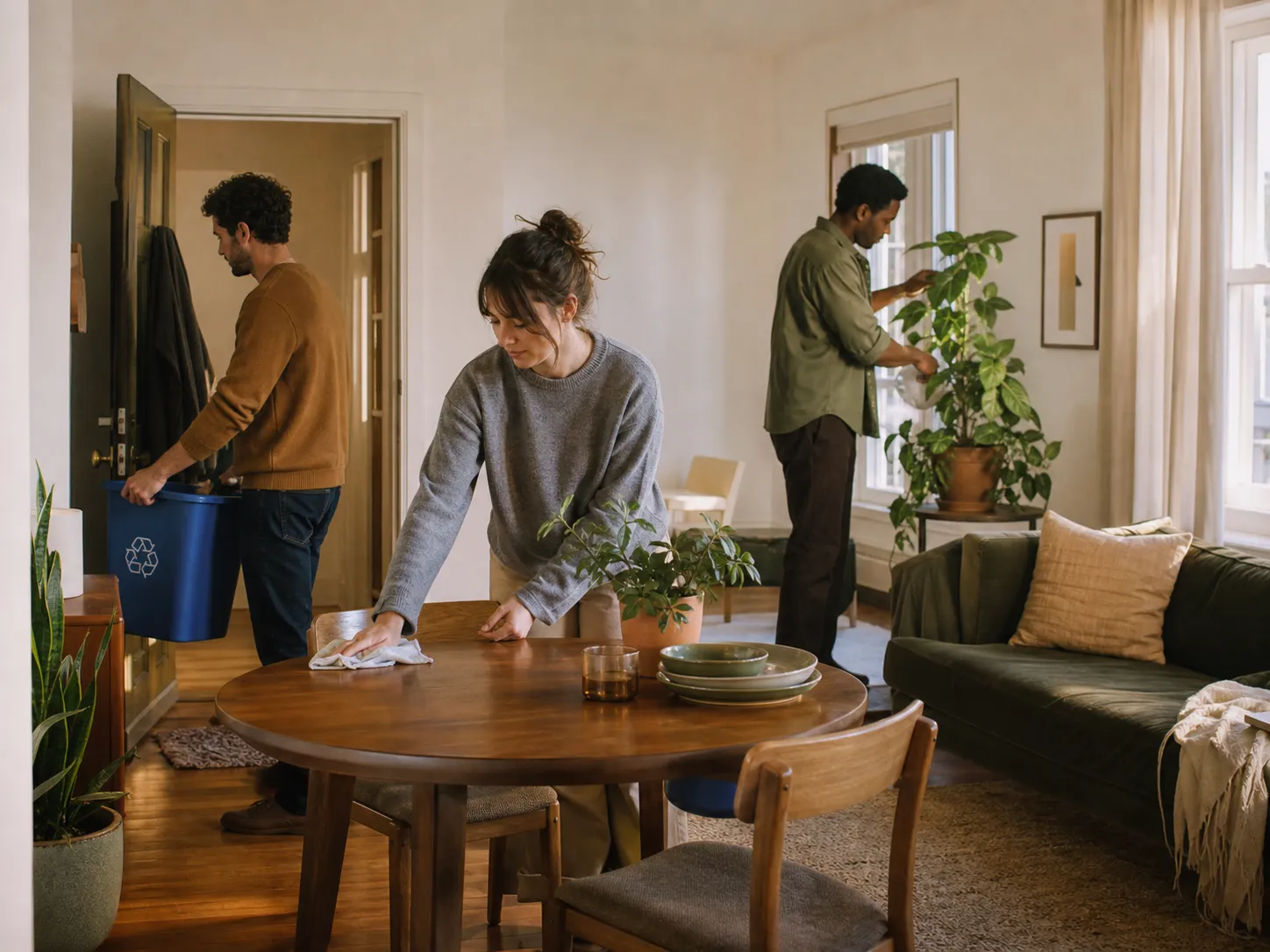 Roommates tidying a shared living room together