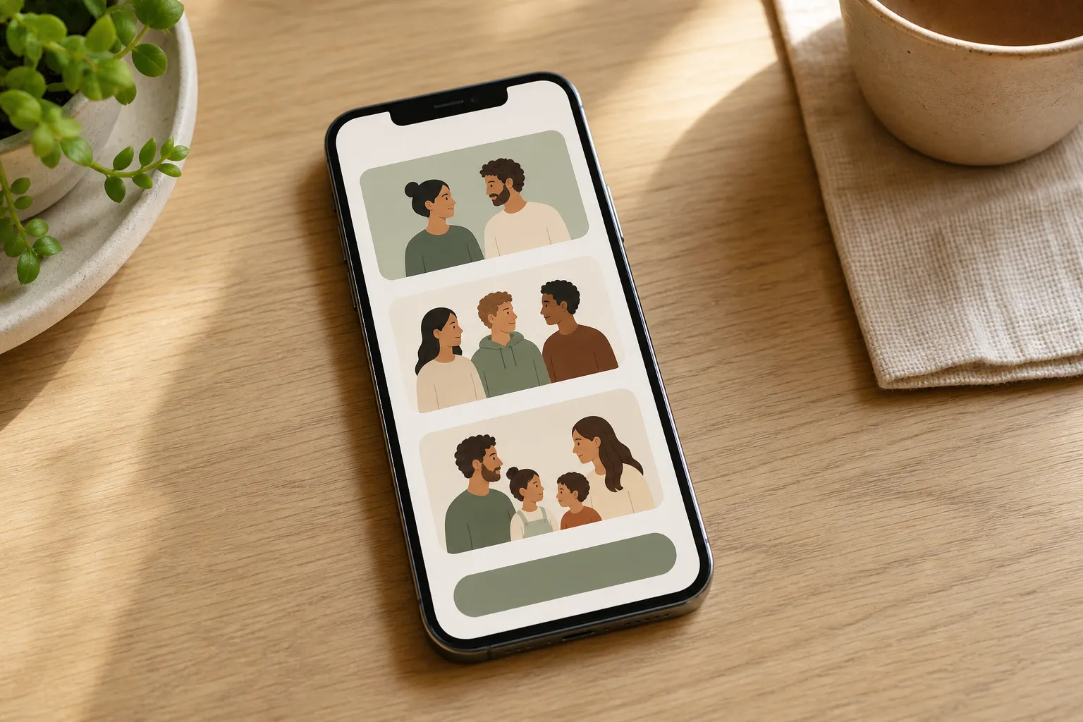 A phone showing household setup choices for couples, roommates, and families