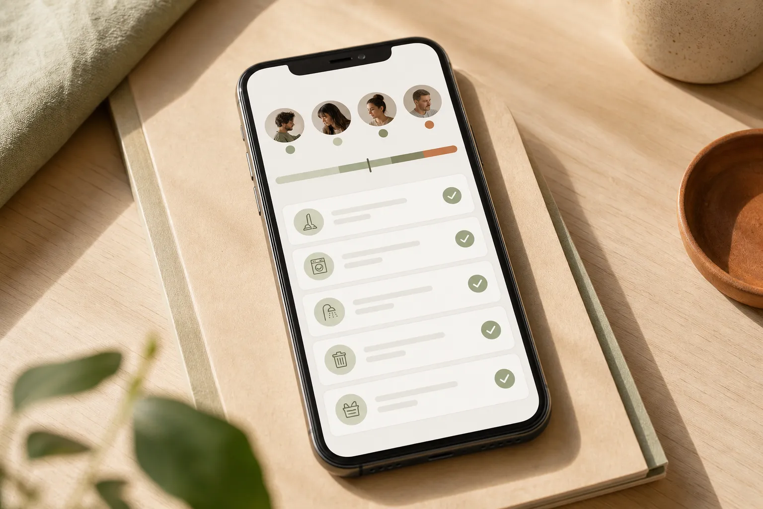 A chore app workload view showing household members and balanced assignments